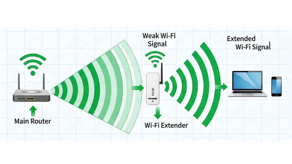 Diagram showing how Wi-Fi extenders work by picking up and amplifying the signal from the main router to extend coverage, highlighting the difference between Wi-Fi extenders and access points.
