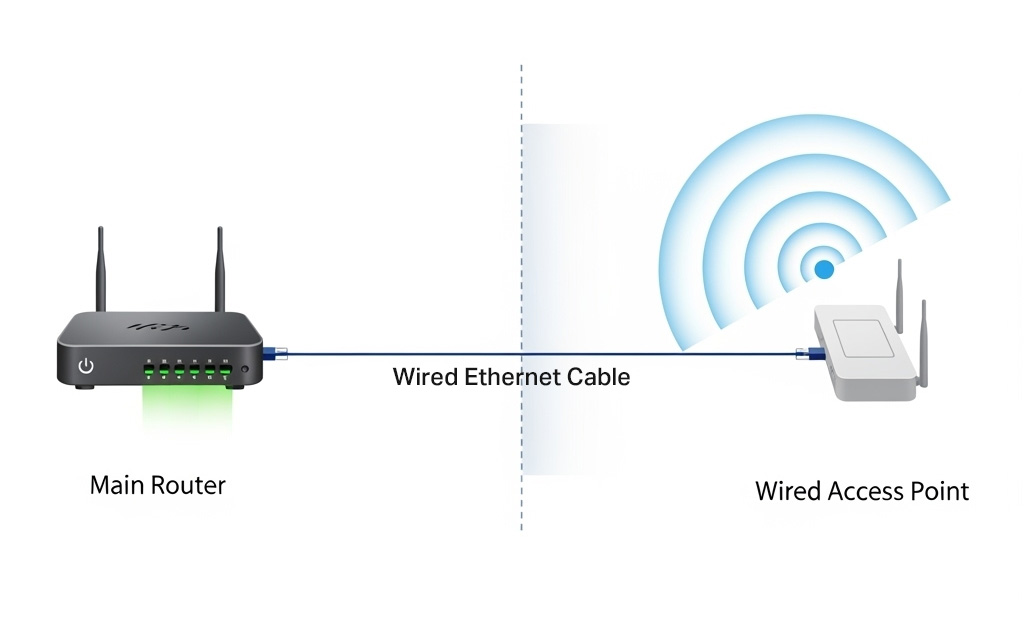 Diagram showing the difference between Wi-Fi extenders vs access points, with an access point connected to the main router via Ethernet cable for improved Wi-Fi performance