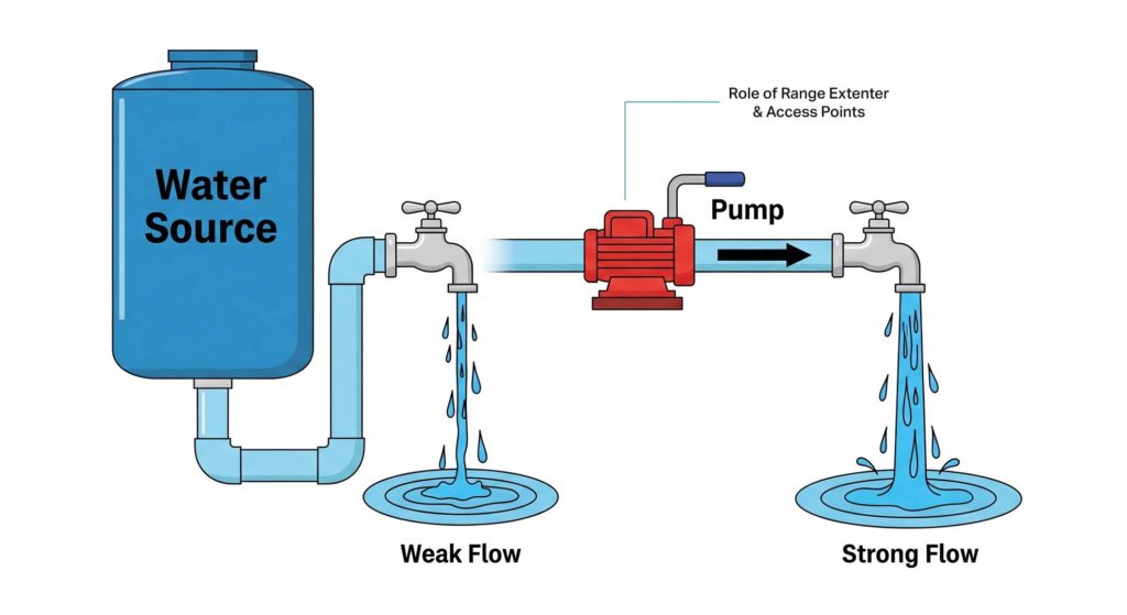 A diagram visually explaining the difference between Wi-Fi extenders vs access points using a water pressure analogy.