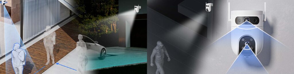 Smart camera features infographic showing AI motion detection, night vision, and human tracking capabilities