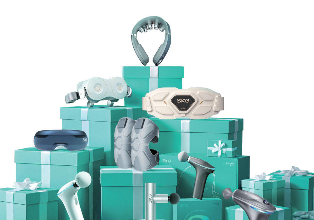 Hero image showing the full SKG Smart Massagers product range, including neck, back, waist, foot, shoulder massagers, and massage guns, available in UAE from Techmicro